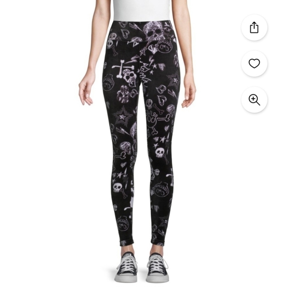 No Bounderies Juniors Size Large L 11-13 Black Halloween Velour Leggings Skull